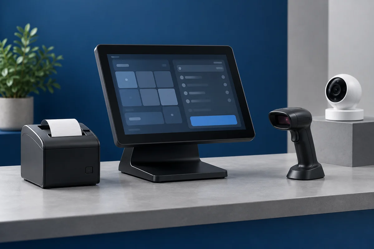 Illustrative POS terminal, receipt printer, barcode scanner and security camera